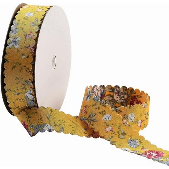 20 Yards Floral Print Ribbon Vintage Flower Pattern Ribbon Gold Spring Polyester Wavy Edge Fabric Ribbons Bulk with Spool for Sewing Making Wreaths Gift Wrapping Crafts Wedding Supply 1roll