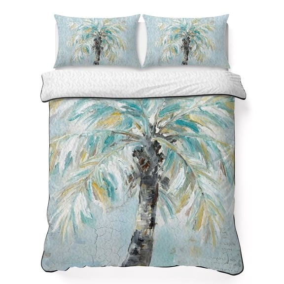 Quilts Queen Size Bedding Set, Teal Coastal Palm Tree Lightweight Quilted Comforter, Tropical Seaside Trees Botanical Soft Reversible Bedspread Coverlet with Pillow Covers for All Season, 90" x 96"