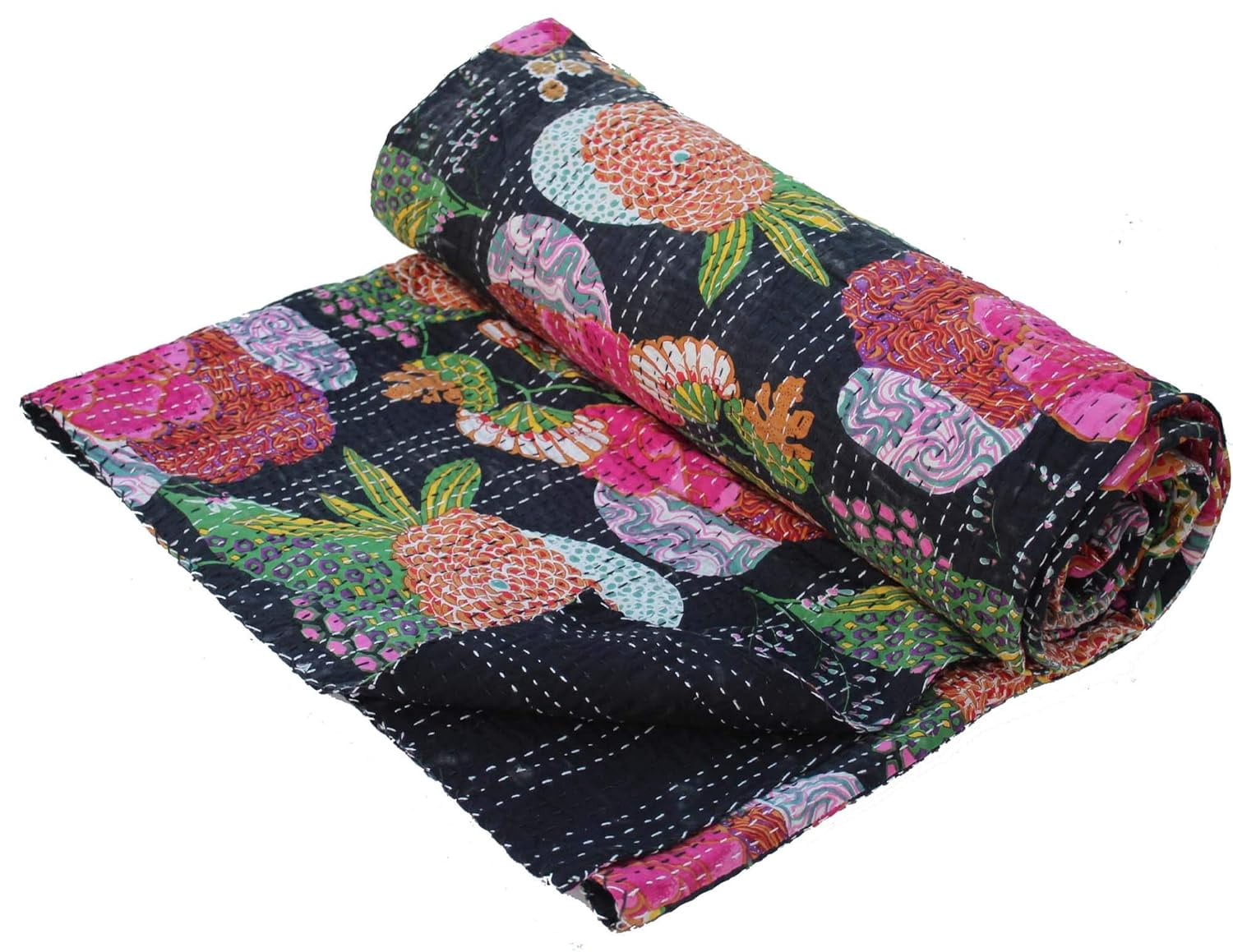 Indian Handmade Floral Print Kantha Quilt, Bedspread , Blanket Size ( Single 60" x 90" )