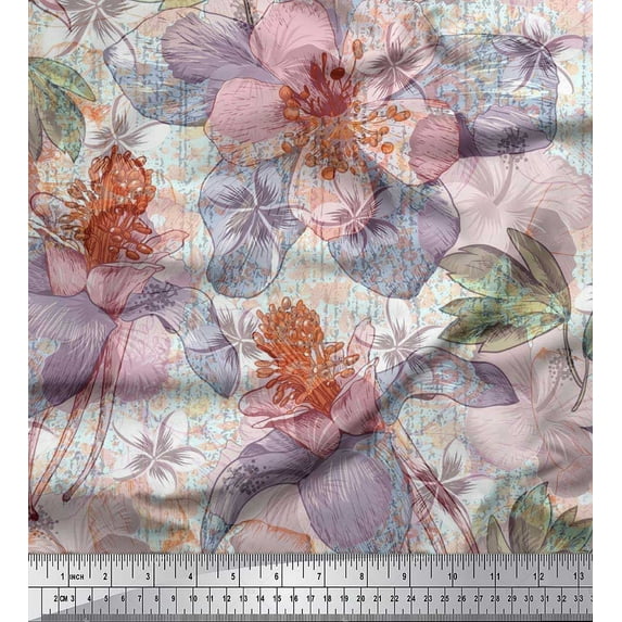 Soimoi Silk Fabric Leaves & Lily Flower Decor Fabric Printed Yard 42 Inch Wide