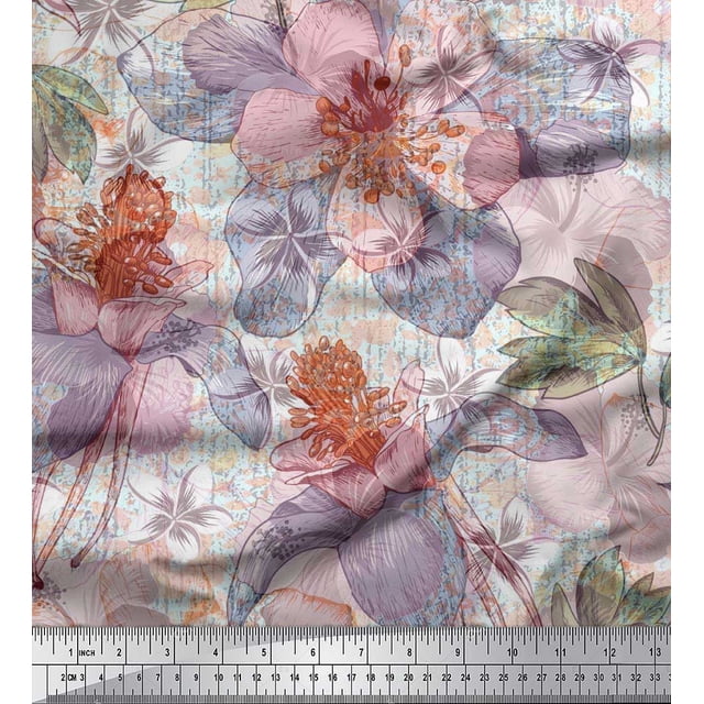 Soimoi Moss Georgette Fabric Leaves & Lily Flower Decor Fabric Printed Yard 42 Inch Wide