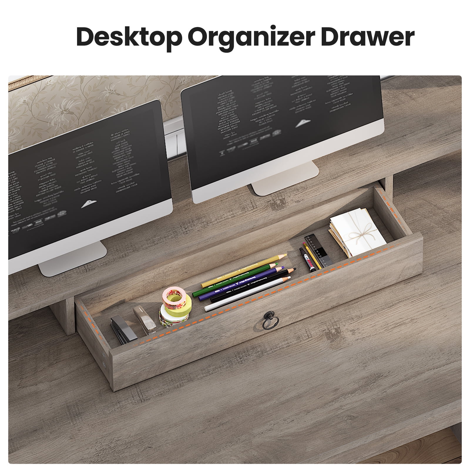 Executive Desk, 63" Farmhouse Desk with Storage, Home Office Desk with Drawers and Cabinet, Wood Desk with Monitor Stand, Rustic Writing Desk Study Table, Elegant Computer Desk with File Drawer, Grey