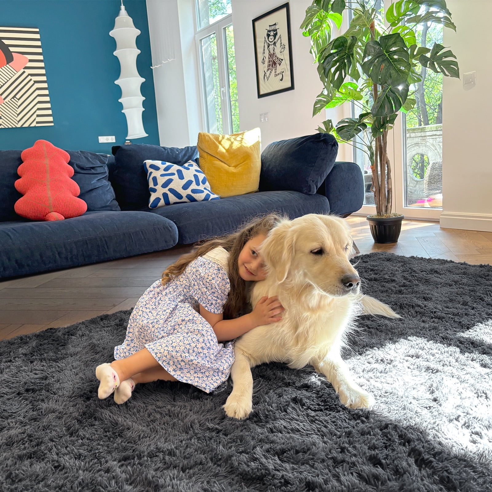 Buganda Area Rugs for Living Room 5'X8', Soft and Fluffy Shaggy Carpet for Pets, Machine Washable Floor Rugs for Bedroom, Grey