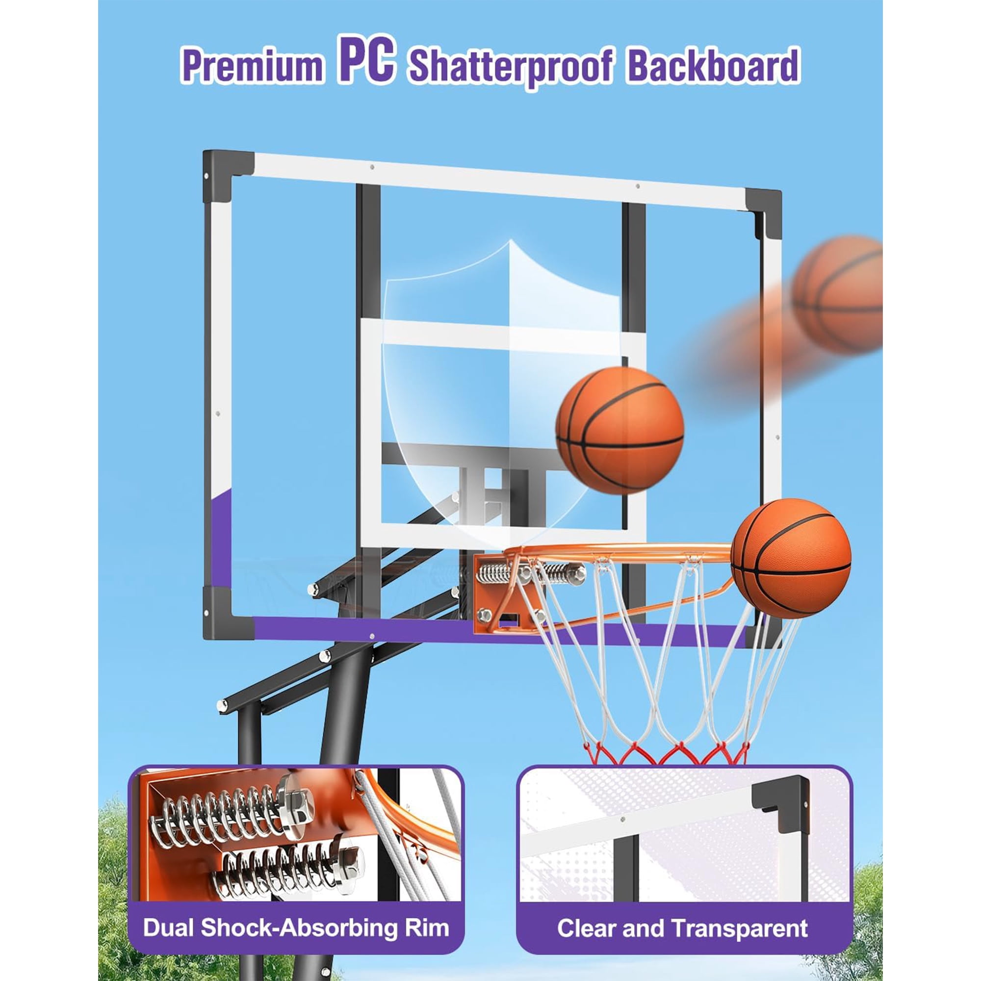 Toremore 44" Basketball Hoop Outdoor Adjustable, 5.25-10FT Portable Basketball Hoop Goal System with Shatterproof PC Backboard and Larger Base for Kids Youth and Adults