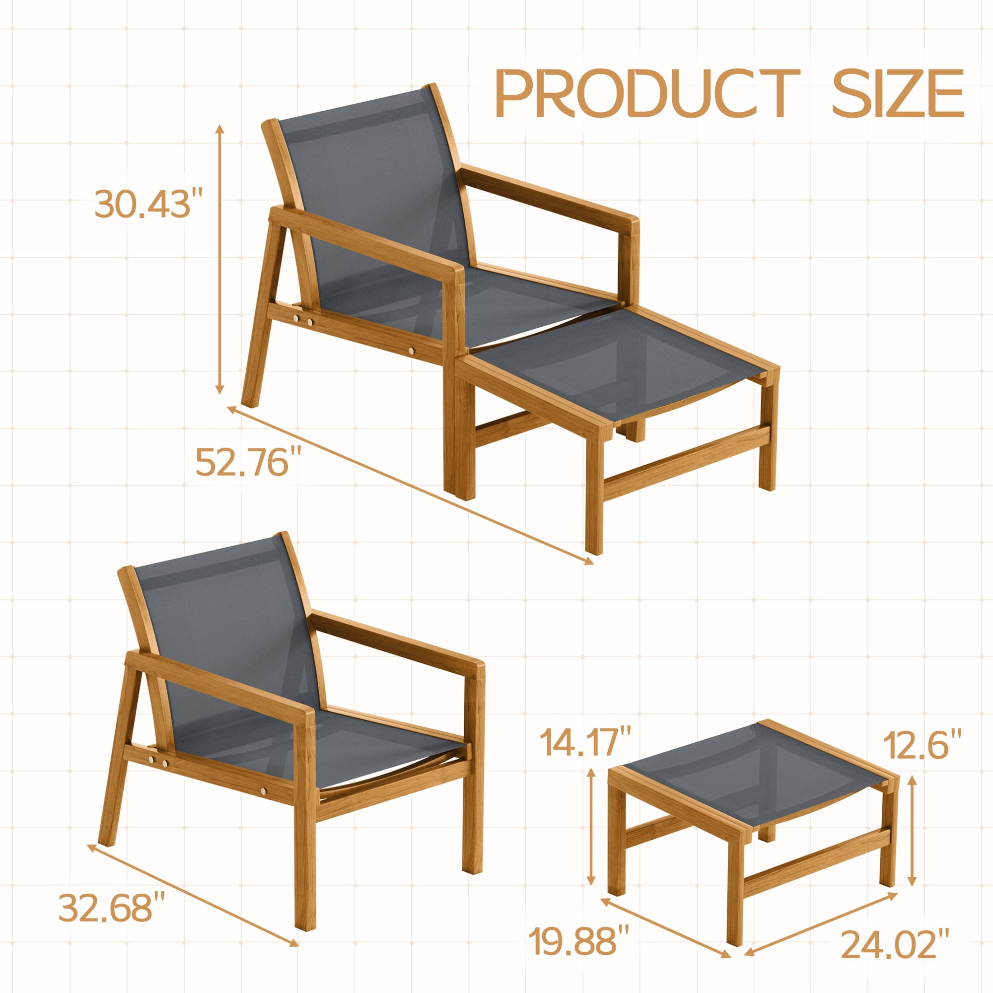 Homall 4 Pieces Patio Conversation Set Outdoor Furniture Set Textilene Acacia Wood Outdoor Chair with Ottoman, Gray