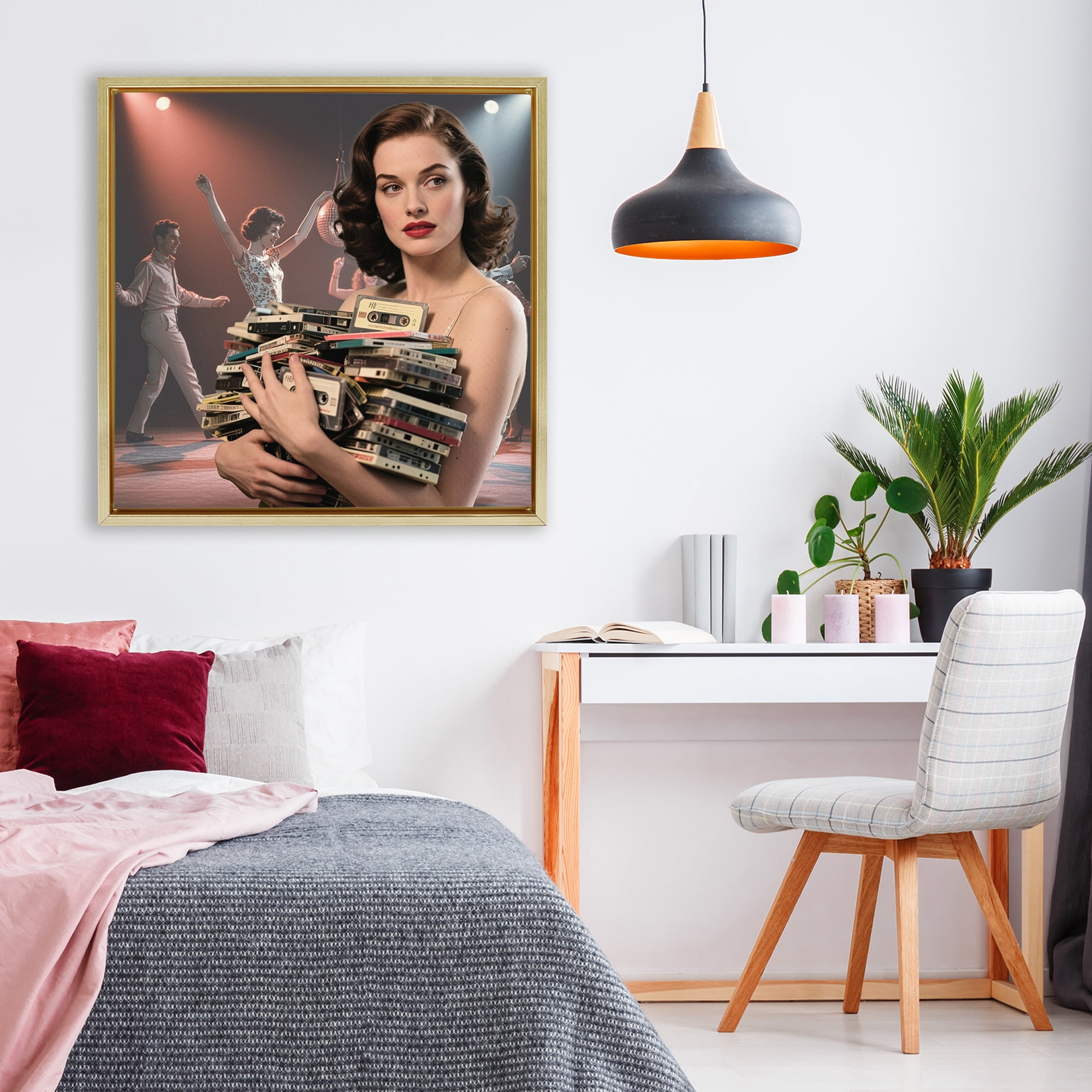 Stupell Industries Woman Holding Vintage Cassette Collection Gold Framed Floater Canvas Wall Art, design by CAD Designs