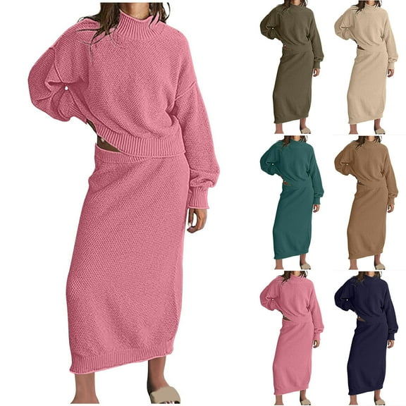 Jinhomg Womens 2 Piece Waffle Knit Outfit Dressy Casual Long Sleeve Pullover with Maxi Dress Set Fall Winter Comfy Lounge Sets Women Army Green XL