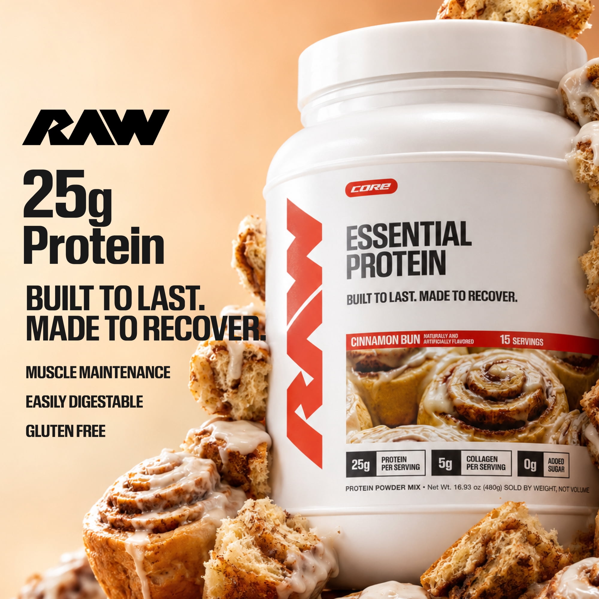 RAW Nutrition Essential Protein Powder, 25g Protein, Cinnamon Bun , 15 Servings