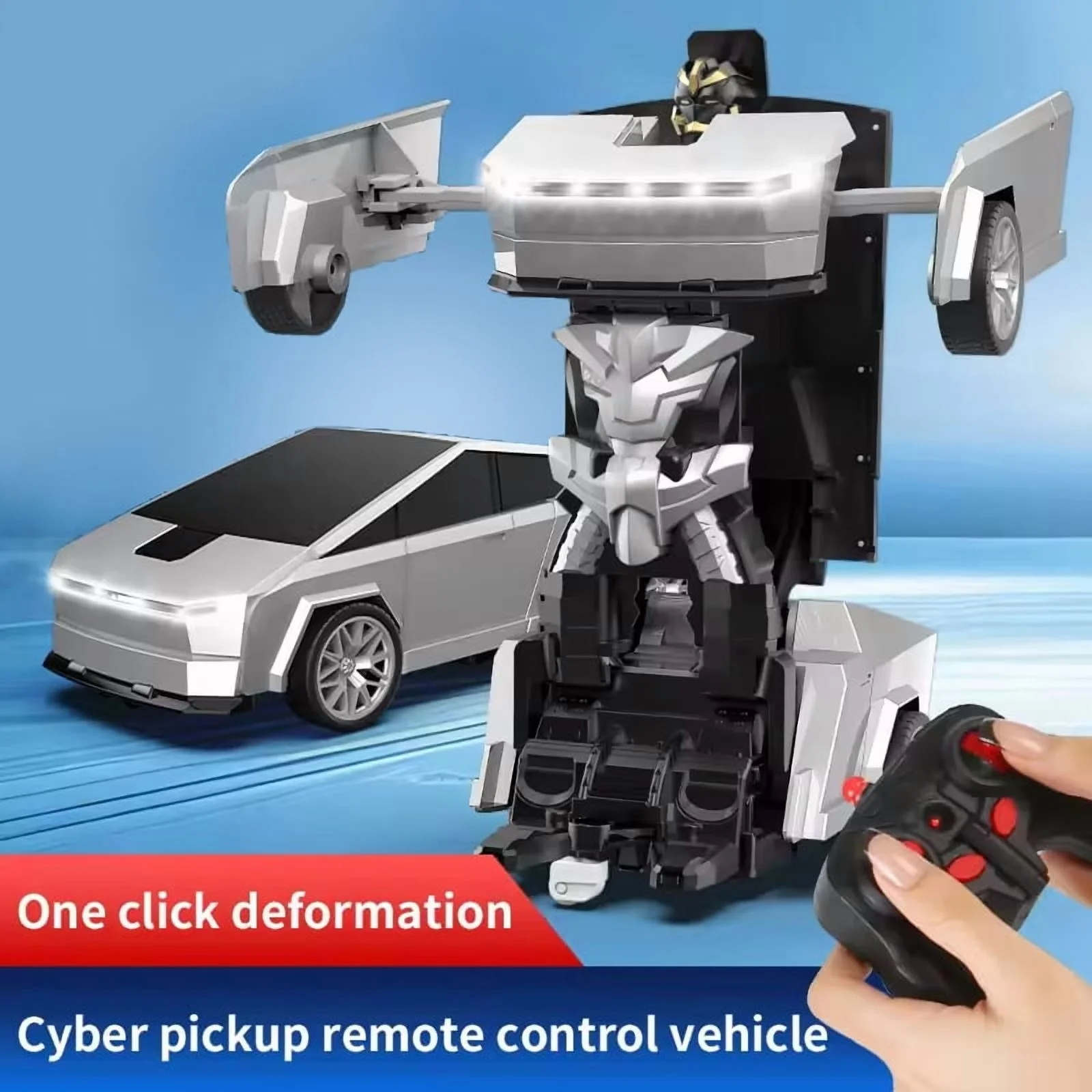 Cyber Truck Robot Car, Funtogether Toys 1:18 Transforming RC Car, One-Click Deformation Cyber Truck for Kid with LED Lights, Stem Gift for Boys