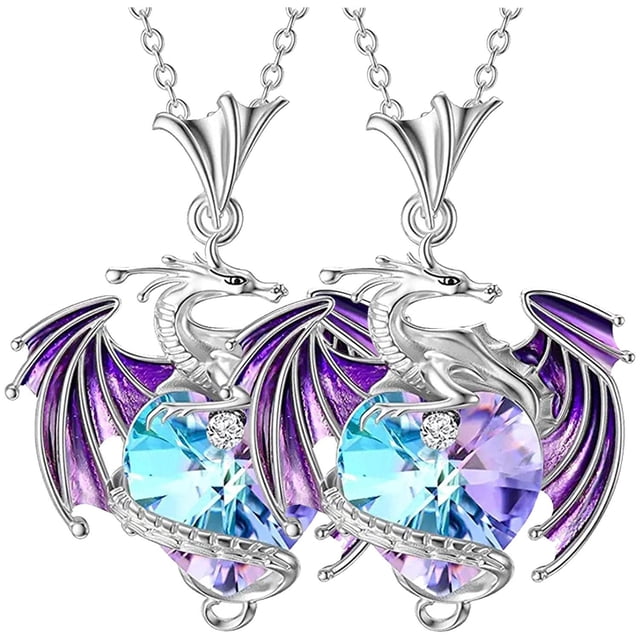 Cadenas con Dije Practicos DragónNeck01 2 Pzas Collar Dragón/Corazón Plata/Morado Metal High Monaco