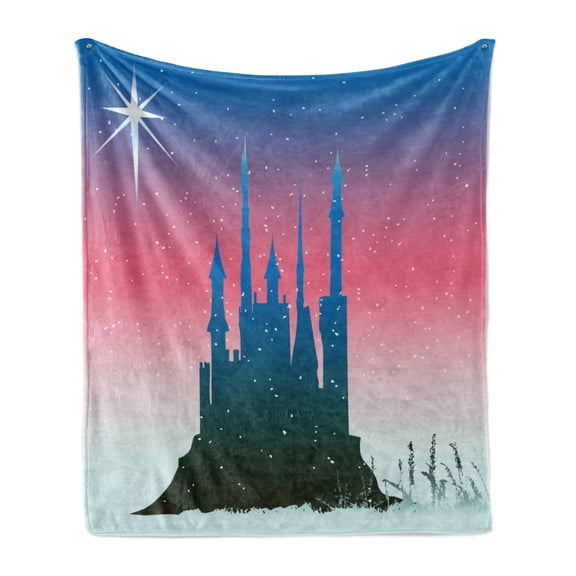 Fantasy Soft Flannel Fleece Throw Blanket, Silhouette of Medieval Fairytale Castle with Stars on Sky Princess Design, Cozy Plush for Indoor and Outdoor Use, 70" x 90", Blue Dark Coral, by Ambesonne
