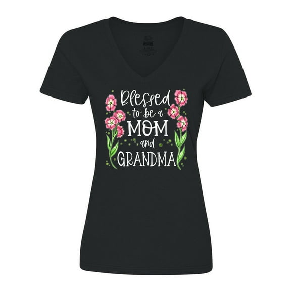 Inktastic Blessed to Be a Mom and Grandma Pink Flowers Women's V-Neck T-Shirt