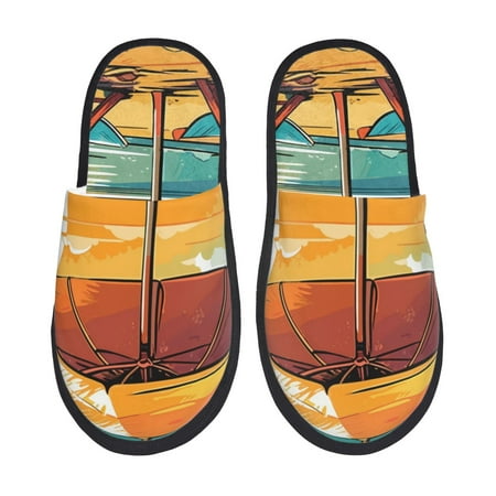 Balery Vintage Beach Sunset Slient Indoor Furry Fleece Comfort House Shoes Soft Non-Slip Home Shoes Cotton slippers House Slippers-- Medium
