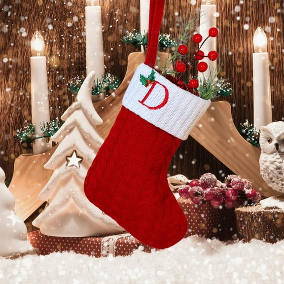 8 Inch Red Alphabet Christmas Stocking Mini Initial Letter V Cable Knit Stockings with White Cuffs Cute Xmas Alphabet Decorations for Home Family Fireplace Hanging Gifts DIY Decor