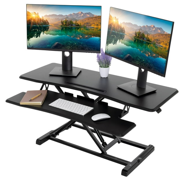 TechOrbits Convertisseur de Bureau Debout - Bois MDF 42 Pouces, Hauteur Réglable pour s'Asseoir Ou Se Tenir Debout pour Bureau à Domicile - Poste de Travail pour Ordinateur, Portable et Double Moniteur - Noir
