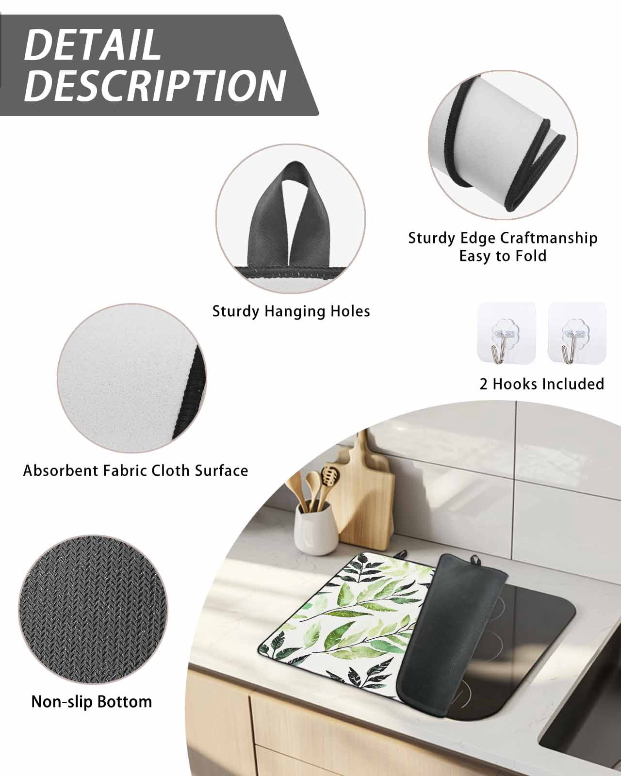 Watercolors Black Green Leaf Stove Top Covers for Electric Stove, 28'x20'' Plant Glass Ceramic Stove Cover Foldable Rubber Mat Heat Resistant Cooktop Protector for Kitchen