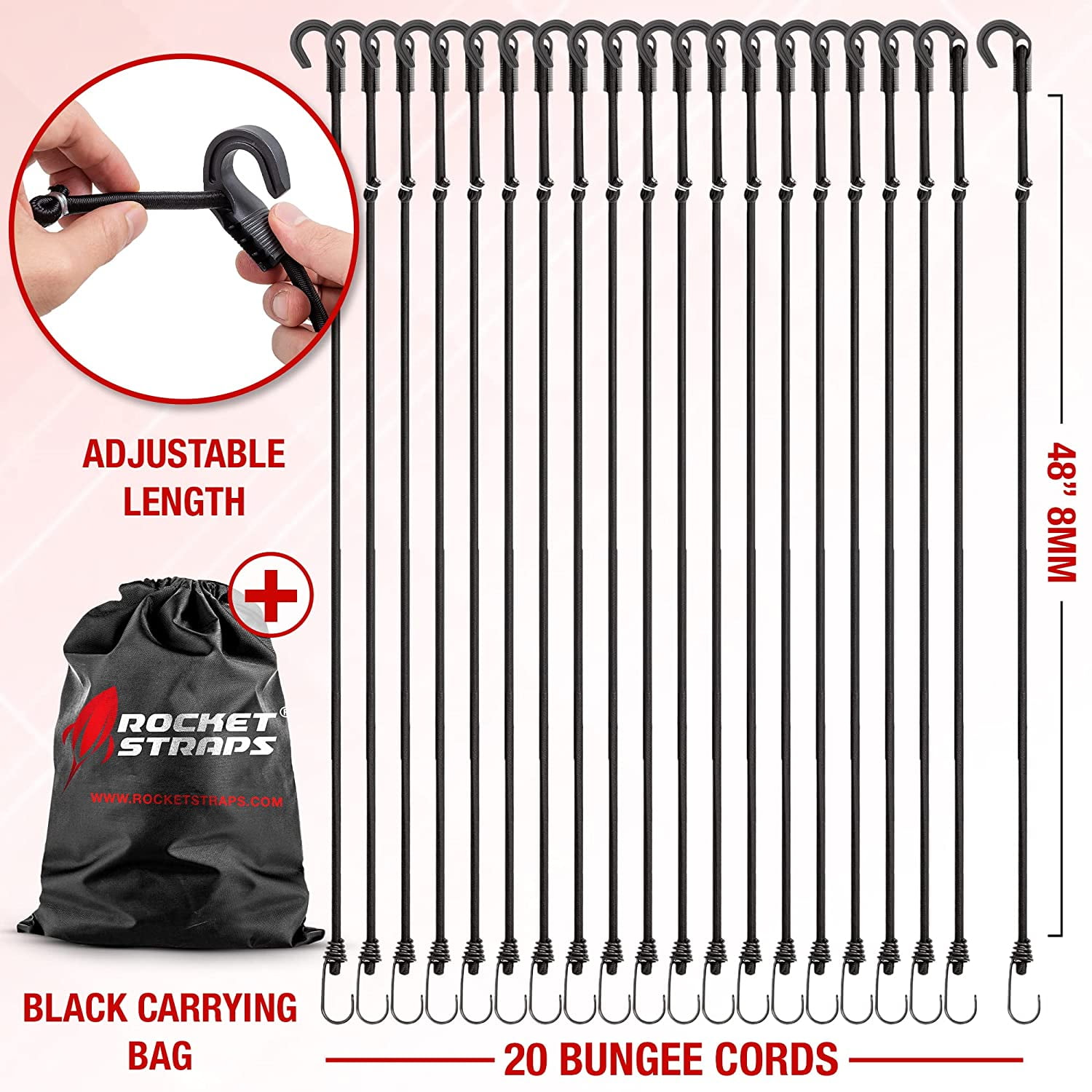 - Ultimate Adjustable Outdoor Bungee Cord Assortment - Heavy Duty Set of 20 Bungee Cords (48") Double-J Hooks - Elastic Straps for Camping, Securing, and DIY Multipurpose