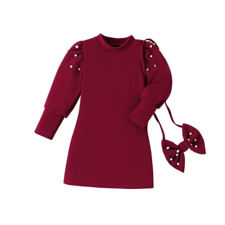 Toddler Baby Girls Fall Winter Dresses Clothes Elegant Puffy Long Sleeve Mock Neck A-Line Dress Outfits 2Pcs Kids Girl Christmas Party Holiday Dress Sets