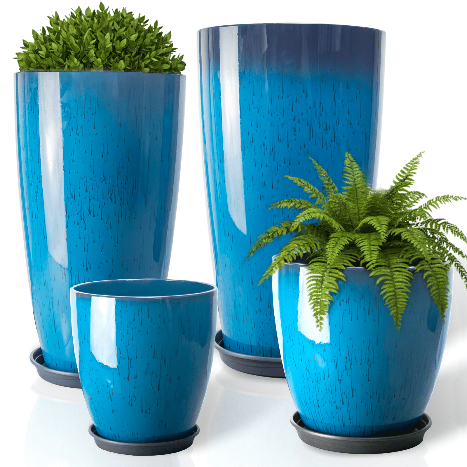 FIASON 4 Pack Large Plastic 24/21/12/10" H Blue Tall Planters, Tall Plant Pots for Outdoor Indoor with Shelf Inset, Glossy Flower Pot with Drainage Holes & Mesh Filter Screen for Front Porch Patio