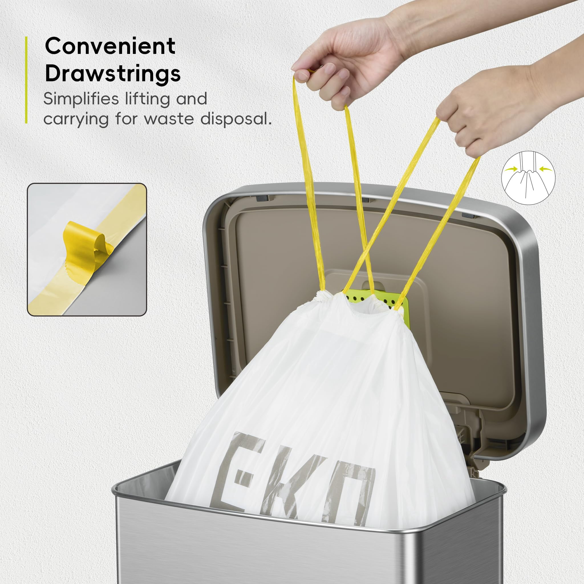Eko 21 Gallon / 50-90 Liter  60 Count Drawstring Trash Bags Extra-strong Garbage Fresh Floral Scent With Continuous Odor Control Easy-dispense Roll For Kitchen And Household Use Code G White