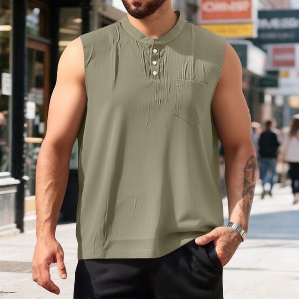 Ceisia Men's Relaxed Fit Henley Neck Sleeveless Tank Top with Chest Pocket for Casual Daily Wear Army Green XXXL Gifts