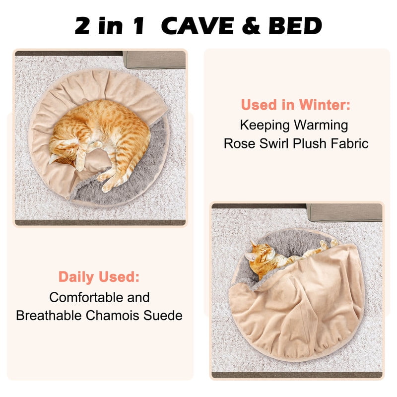 Donut Round Calming Anti-Anxiety Dog Burrow Cave Bed, Small Dog Bed Cat Bed with Hooded Blanket, Cozy Cuddler Luxury Puppy Pet Bed, Machine Washable, Anti-Slip Bottom, Beige, 26inch