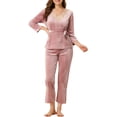thumbnail image 2 of INSPIRE CHIC Women's Pajama Sets V Neck with Belt Tie Long Sleeve Sleepwear Soft Female Night Suit Lounge Sets S Pink, 2 of 6