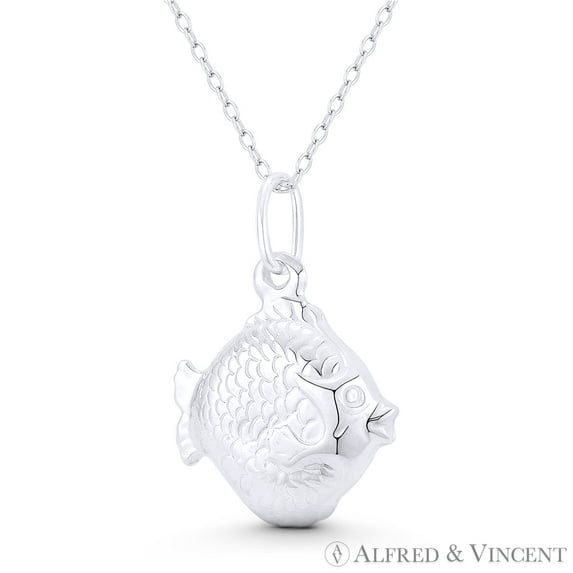 Discus Fish Sealife Charm Hollow 3D 27x18mm (1.1x0.7in) Pendant & Chain Necklace in .925 Sterling Silver