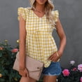 thumbnail image 5 of Grid Printed Sleeveless Shirts, V Neck Casual Style Skin Friendly Ruffle Trim Women Grid Printed Tank Top Soft Polyester  For Date Yellow XL, 5 of 5