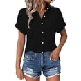 thumbnail image 2 of Womens Short Sleeve Tops Button Down Lapel Shirts for Women Side Split Solid Color Summer Tees with Pocket Gifts for Mom, 2 of 7