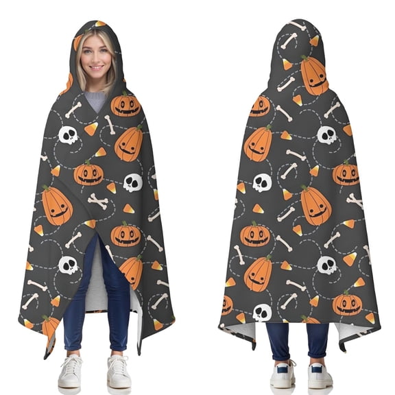 Wearable Blanket,Halloween Pumpkin Skull Pattern Hooded Wearable Sherpa Blanket for Adults & Teens,Winter Poncho Shawl Wrap Cape Thick Warm,50"x60"