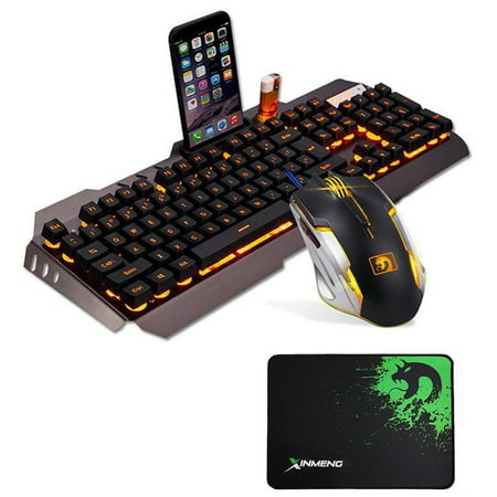 USB Wired Yellow LED Backlight Mechanical Handfeel Ergonomic Gaming Keyboard Kit with Mouse Combo + Mouse