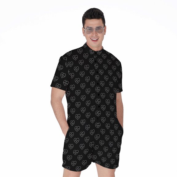 Black And White Heartbeat Pattern Short Sleeve Men'S Rompers Casual Summer Jumpsuits Outfit