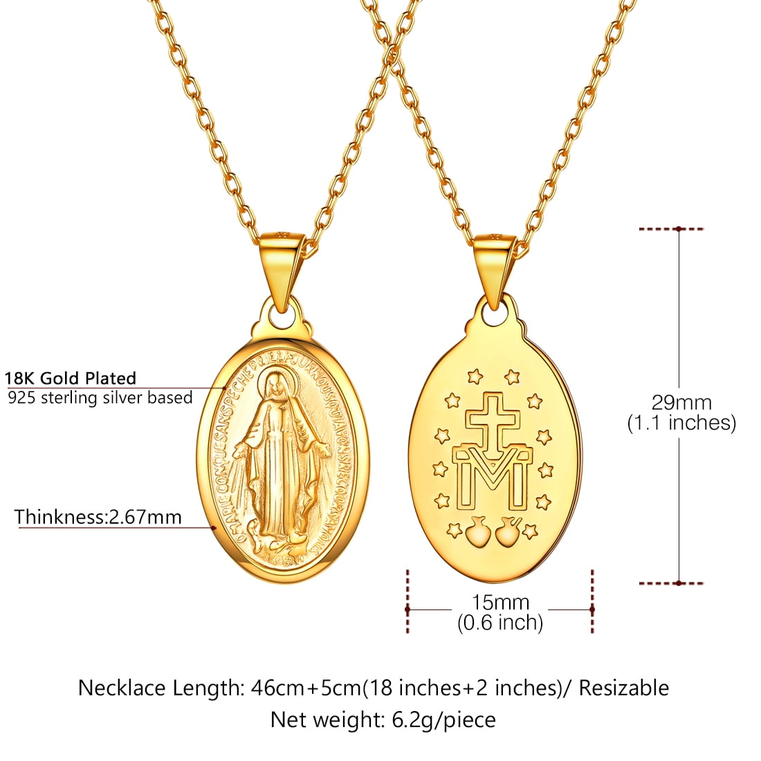 U7 Sterling Silver Virgin Mary Oval Pendant for Women Necklace Catholic Christian Cross 14K Yellow Gold Plated Chains