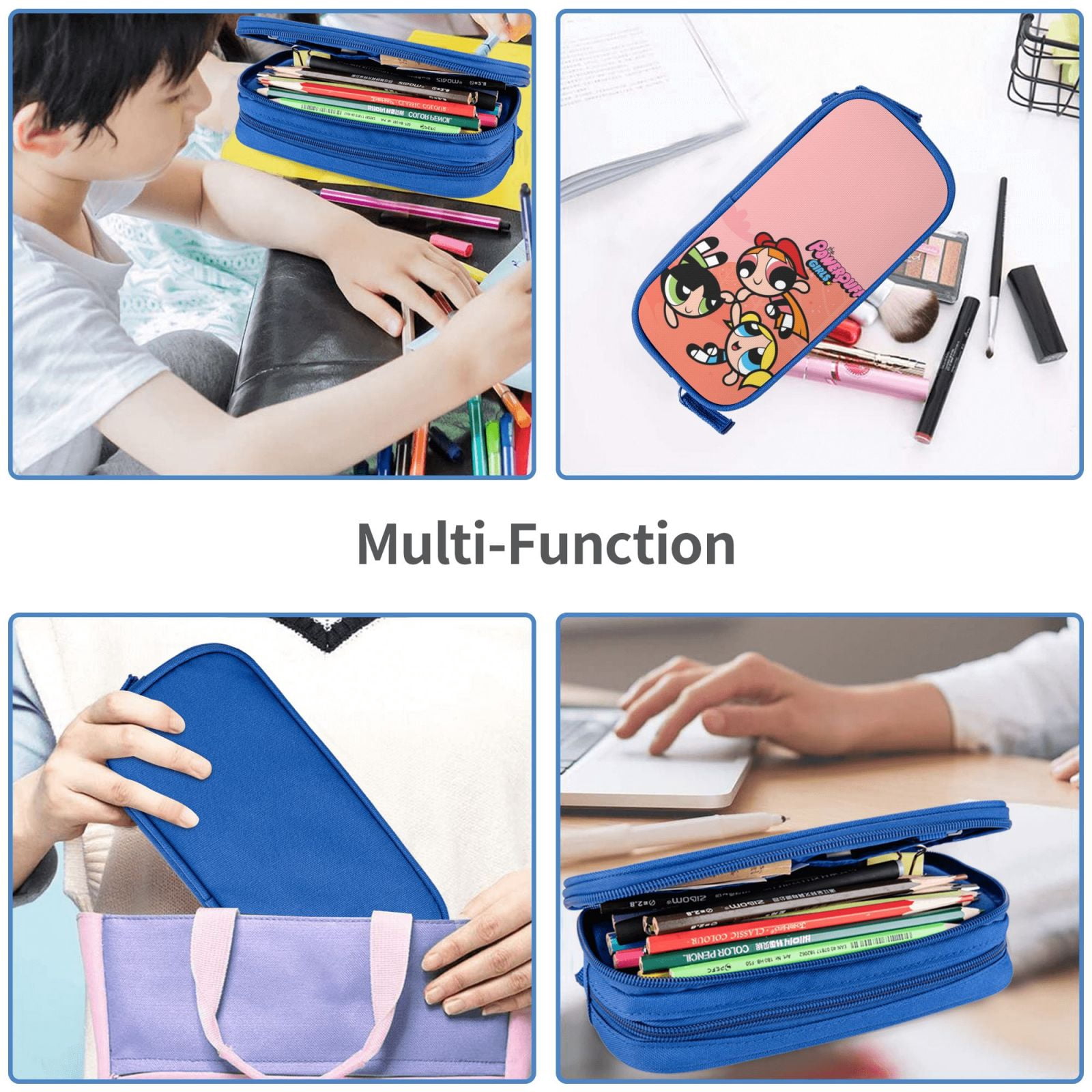 The Powerpuff Gi-rls Pencil Case Large Capacity Pencil Pouch Pen Bag Office Stationery Organizer Travel Makeup Bag Blue