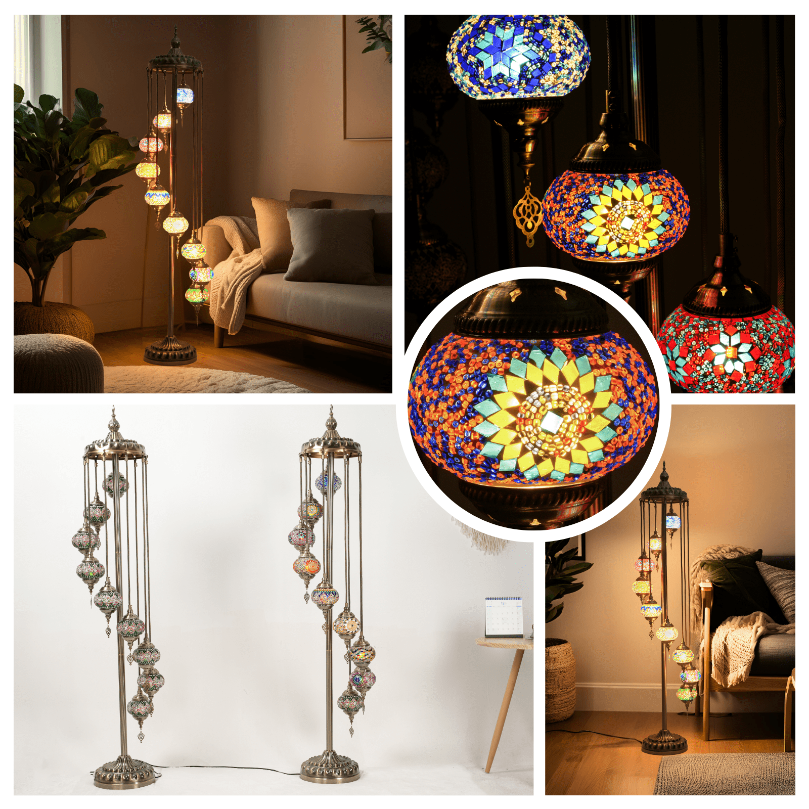 Turkish Floor Lamp,  Turkish Moroccan Light，Traditional Turkish Art ，Upgraded 9 Globe Mosaic Design, 74in High, Includes Bulbs, for Home Decor  Lounge Ambiance