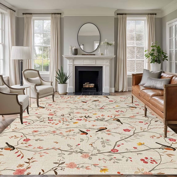 Area Rug for Living Room, Flowers Birds Non-Slip Indoor Large Carpet for Bedroom/Dining Room, Country Retro Botanical Floral Branches Washable Low-Profile Rectangle Floor Runner Rugs - 5 x 8 Ft
