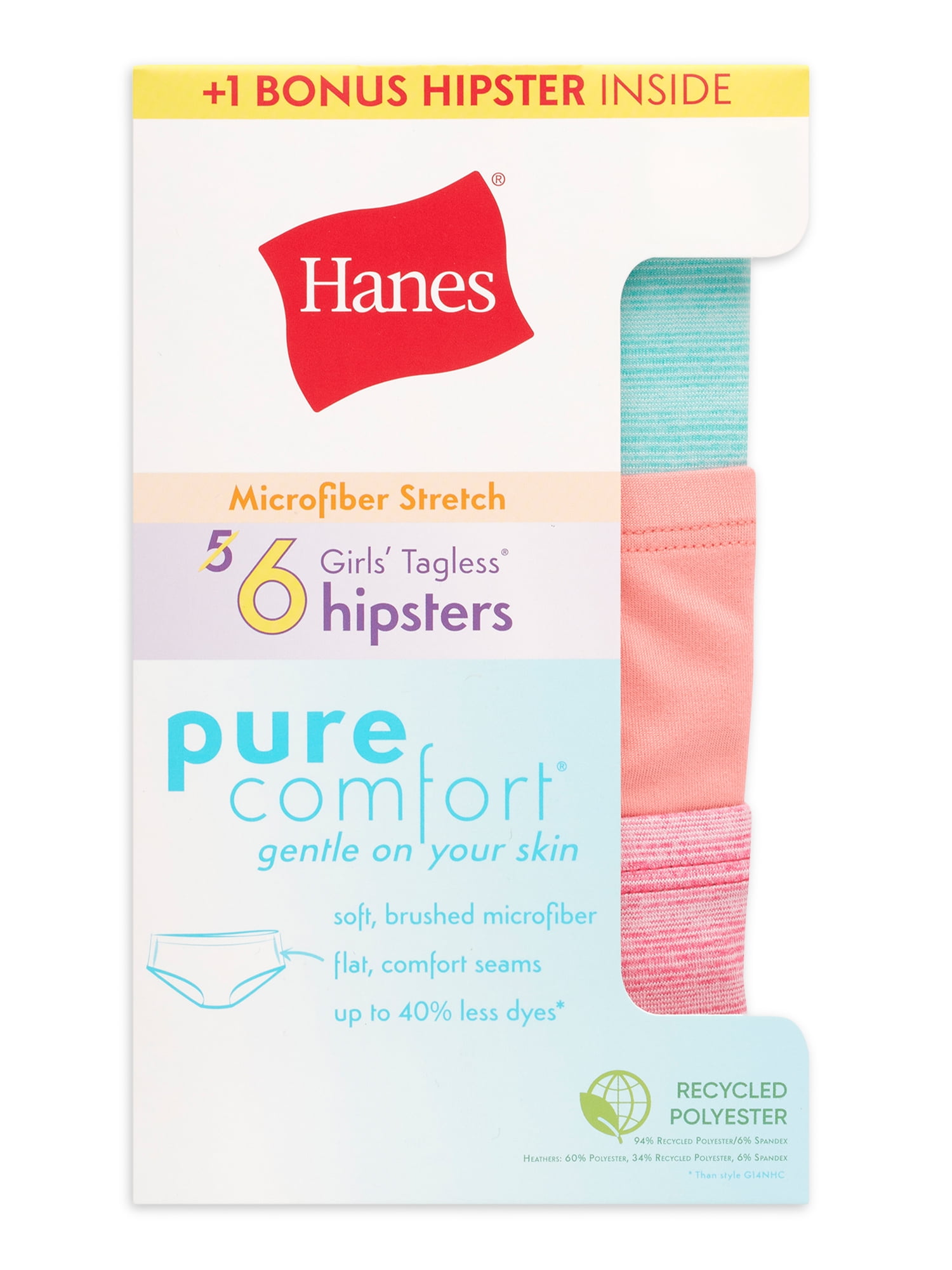 Hanes Girls' Pure Comfort Microfiber Hipster, 5+1 Bonus Pack