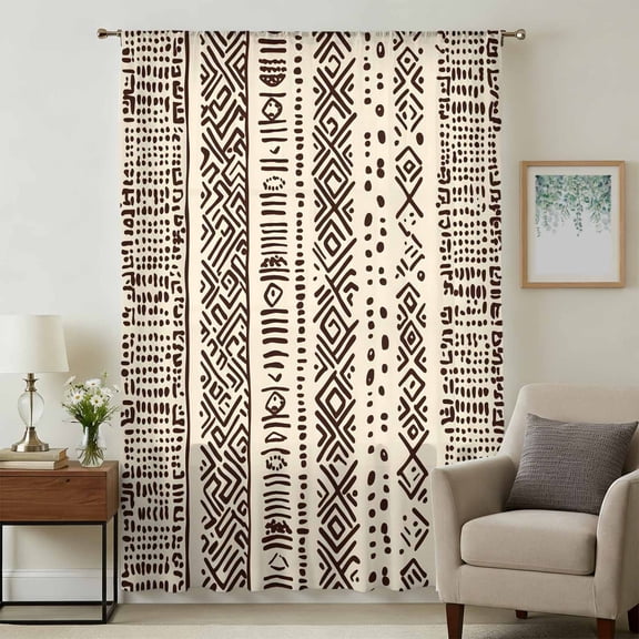 Vintage Boho Sheer Curtains 54 Inches Long, Abstract Retro Geometric Striped Beige Light Filering Curtains, Breathable Simi Curtain Privacy Drapes for Kitchen Bathroom Small Window Treatment