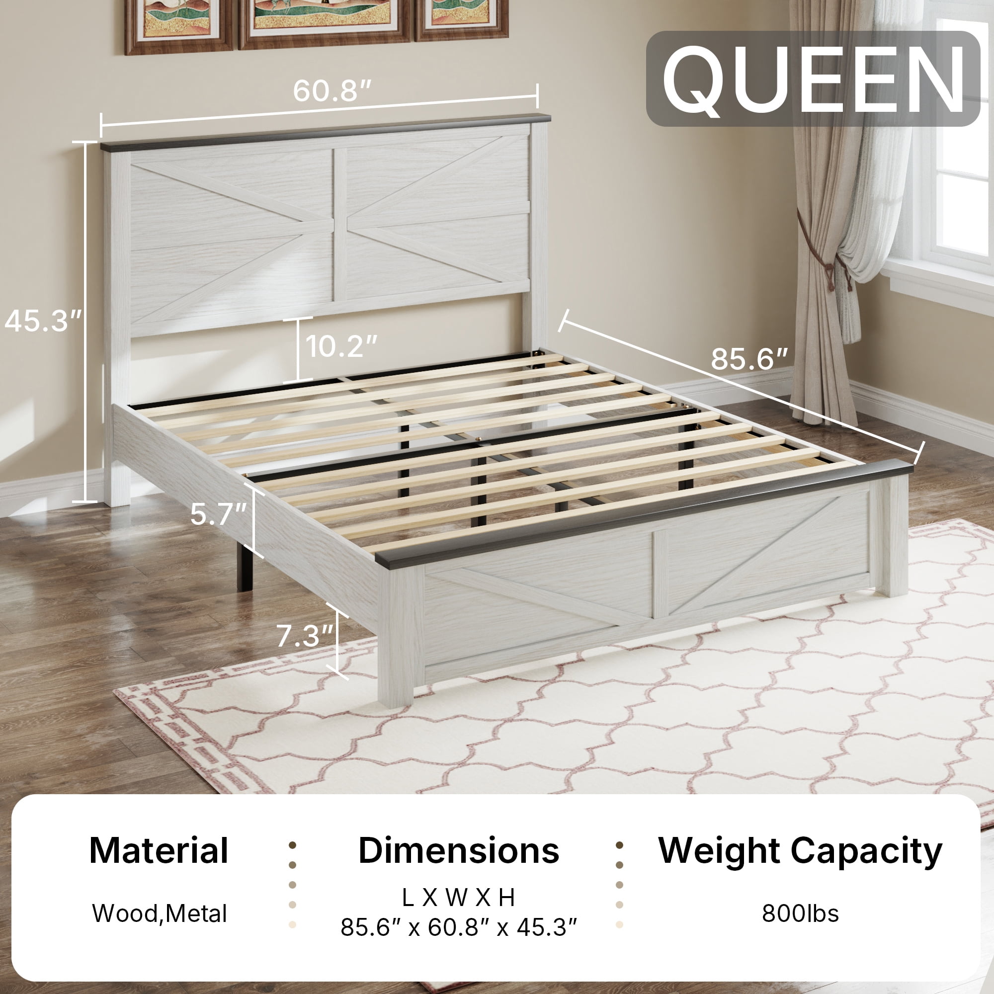 BSHTI Queen Bed Frame with Wooden Headboard, Country and Farmhouse Style, White