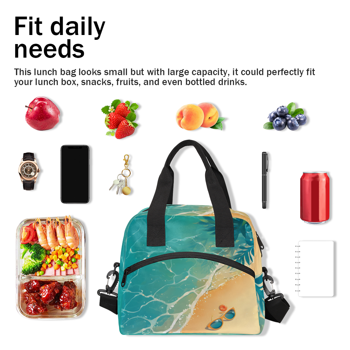 Herdesigns Ocean Insulated Lunch Bag for Women Men Adults Large Reusable Lunch Box Tropical Island Coastal Leakproof Cooler Tote Bags with Adjustable Shoulder Strap