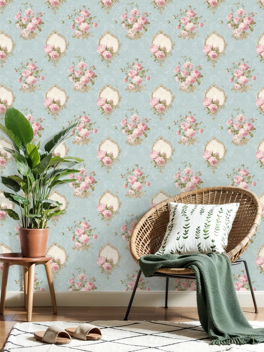 Peel and Stick Wallpaper Vintage Floral Pink Roses Soft Blue Wall Mural 17.7in x 9.8ft Self Adhesive Removable Wall Paper Renter Friendly Wallpaper for Bedroom