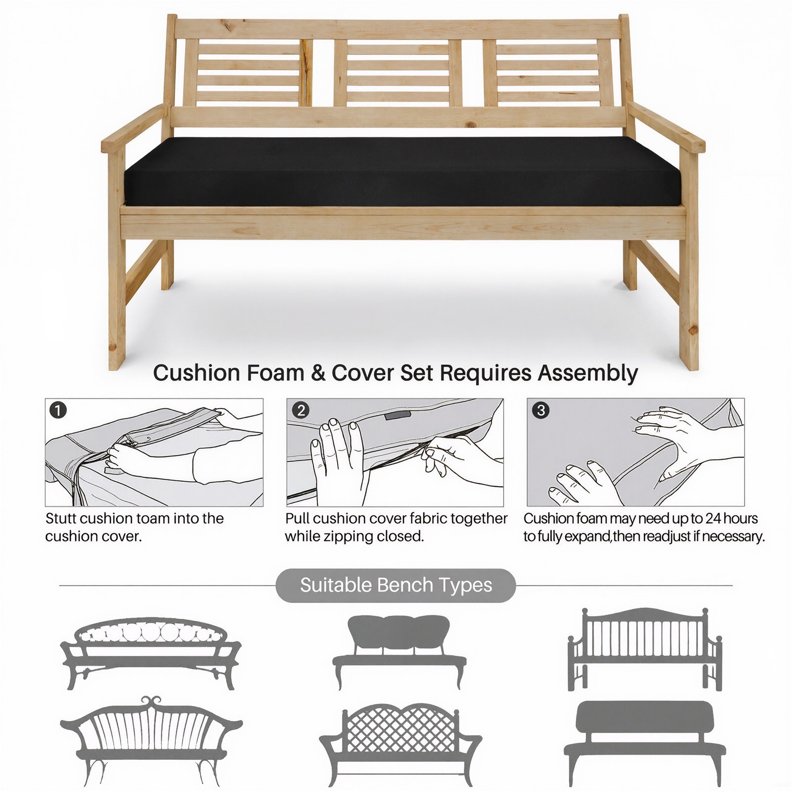 Topchances Outdoor Bench Cushion, Waterproof Patio Furniture Cushions, Non-Slip Bench Pad for Garden Swing Porch Sofa Settee (59x18x3 inch, Black)
