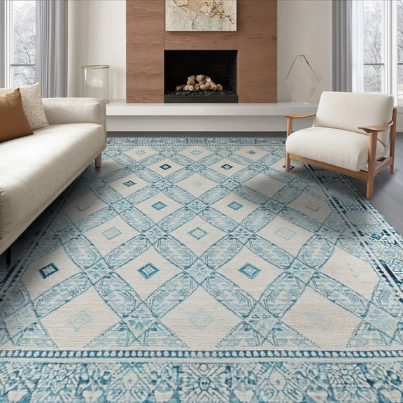 ODIKA 8'x10' Washable Area Rug Durable, Non-Slip Abstract Lattice Interlocking Geometric Boho Cream Galaxy Waschbarer for Living Room, Under Sectional, Family