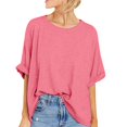 thumbnail image 2 of TSADFHJI Hauts de Noël pour Femmes Tunique Habillée Manches Courtes Surdimensionnée Col Rond Été T-Shirt Décontracté en Coton Rouge Melon D\'eau, 2 of 7