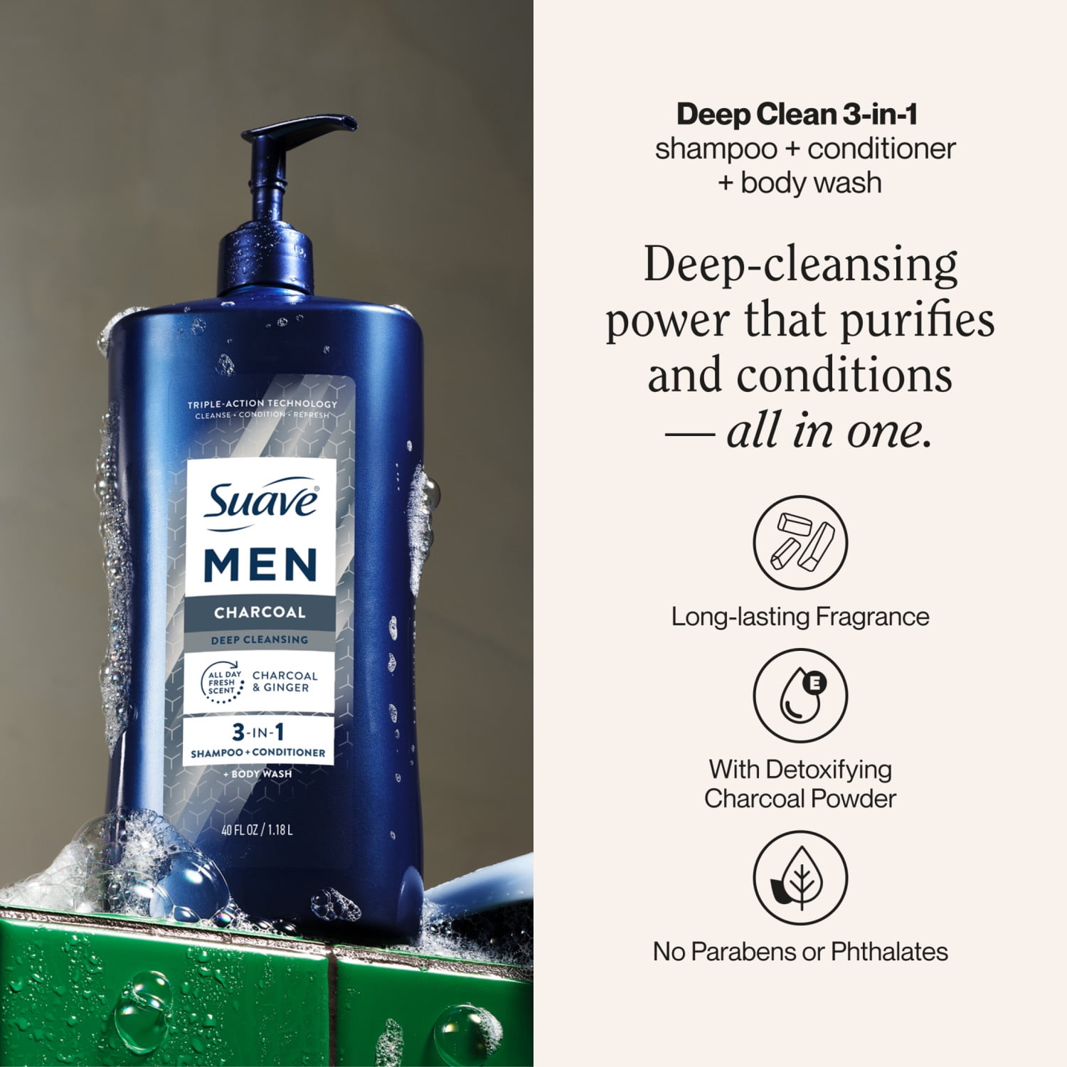 (4 pack) Suave Men Deep Cleansing 3-in-1 Shampoo, Conditioner & Body Wash with Charcoal, 40 FL OZ