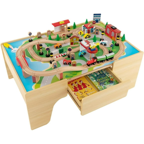 INFANS Train Table, 84 Pieces Wooden Kids Activity Toy Table Playset with Reversible Detachable Tabletop, Tracks, Train, Railway, City, Gift for Toddler Boys Girls Ages 3 (38” x 24.5” x 15.5”)