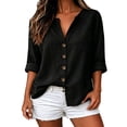 thumbnail image 2 of Women's V Neck 3/4 Sleeve Cotton Linen Button Down Blouse, Loose Relaxed Fit Shirt with Rolled Cuff, for Summer Daily Wear or Beach Vacation Outfits Black, 2 of 5