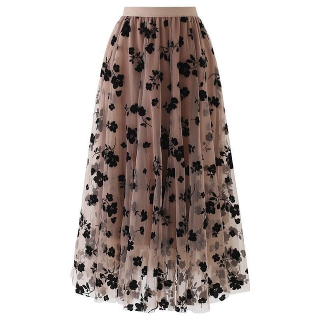Women Tutu Tulle Skirt Elastic High Waist Layered Skirt Floral Print Mesh A-Line