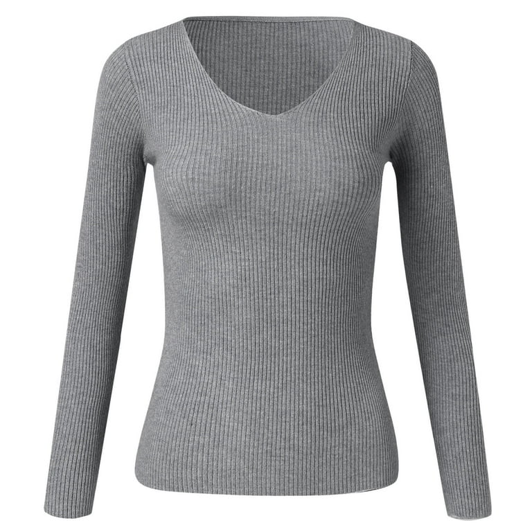 Wefuesd Thermal Underwear for Women, Women Autumn And Winter V Neck Casual  Knitted Long Sleeved Pullover Thermal Top, Sweaters for Women Grey 